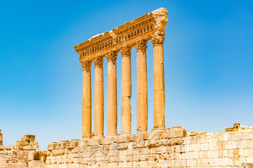 Six columns of Baalbek in Beqaa Valley, Lebanon. It is located about 85 km northeast of Beirut and about 75 km north of Damascus. It has led to its designation as a UNESCO World Heritage Site in 1984.