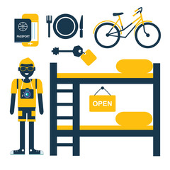 set of vector flat icons for hostel service with tourist