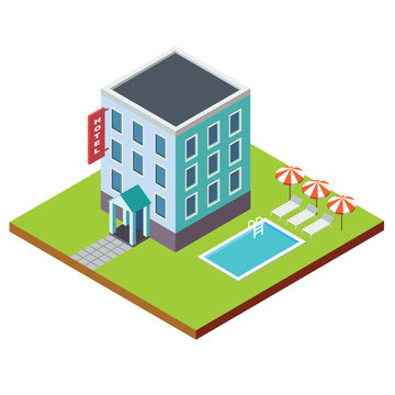 Flat vector 3d isometric hotel building with swimming pool