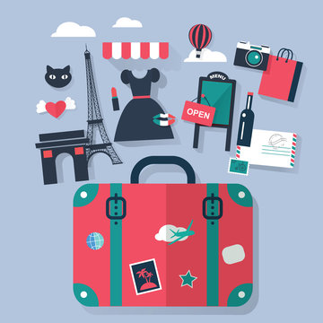 Suitcase in Paris tourism concept image.Vacation flat vector ico
