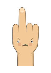 Vector cartoon middle finger with angry emotion face. Provocative gesture symbol expression rudeness. Vector illustration isolated on white backgroung.
