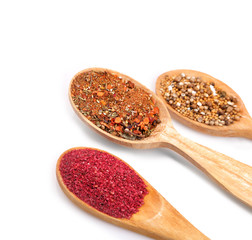 Different spices in spoons on white background