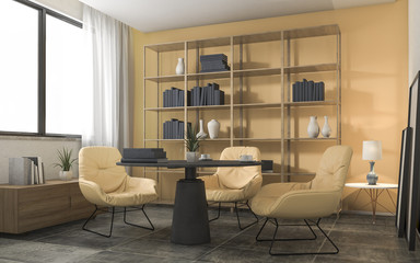 3d rendering yellow decoration living room with nice furniture
