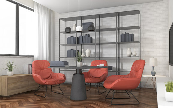 3d rendering loft style living room with red chair and wood floor