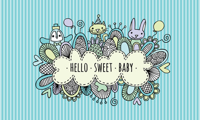 Hello Sweet Baby Boy Hand Drawn Doodle 
Vector illustration with the words hello sweet baby surrounded by a penguin, bunny, rabbit, cat, balloons, hearts, and swirls on a blue stripe background.