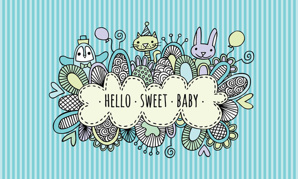 Hello Sweet Baby Boy Hand Drawn Doodle 
Vector illustration with the words hello sweet baby surrounded by a penguin, bunny, rabbit, cat, balloons, hearts, and swirls on a blue stripe background.