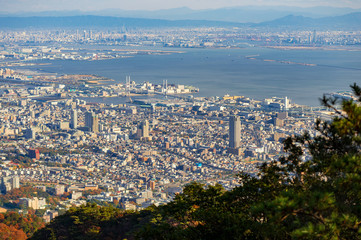 Obraz premium View of several Japanese cities in the Kansai region from Mt. Maya. The view is designated a 