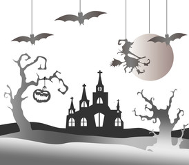 Halloween background with moon, castle, witch and bats