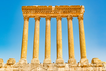 Fototapeta premium Six columns of Baalbek in Beqaa Valley, Lebanon. It is located about 85 km northeast of Beirut and about 75 km north of Damascus. It has led to its designation as a UNESCO World Heritage Site in 1984.