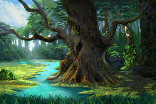 An Ancient Tree in the Forest by the Riverside. Video Game's Digital CG Artwork, Concept Illustration, Realistic Cartoon Style Background
