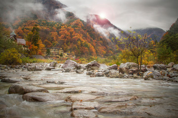  Autumn. Mountain hotel on the banks of the river.