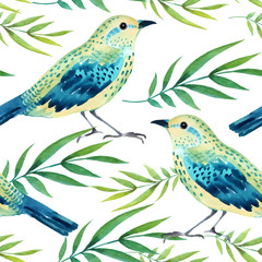 Watercolor seamless pattern with birds.
