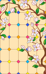 Fototapeta premium Illustration in stained glass style with abstract cherry blossoms on a beige background
