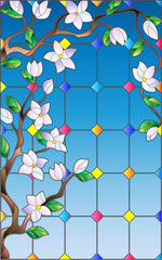 Obrazy na Szkle  Ilustracja w stylu witrażu z abstrakcyjnymi kwiatami wiśni na tle nieba
