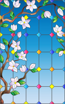Illustration in stained glass style with abstract cherry blossoms against the sky