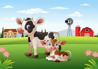Cartoon cow and calf with farm background     © ekyaky