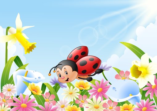 Cartoon funny ladybug flying over flower field

