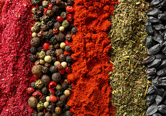 Mix of different spices in lines, closeup