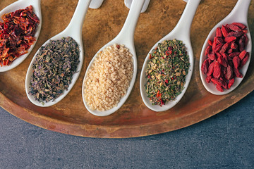 Different spices in spoons on tray