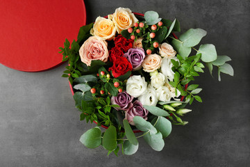 Fototapeta na wymiar Floral arrangement in box, top view