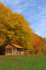 Alone house in autumn mountain