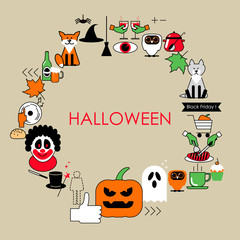 Fototapeta premium Halloween vector illustration of a flat line . Postcard set Halloween icons