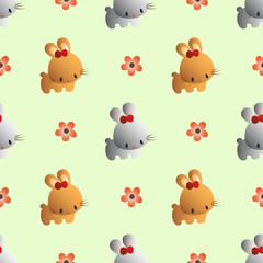 baby seamless pattern with a funny cute rabbits, on a light green background. Hand drawn vector stock illustration