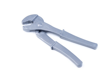 Children's toy tool plastic color wrench isolated on white backg