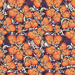Hand-drawn watercolor seamless pattern with colorful orange tropical butterflies and lace ornament on the background.