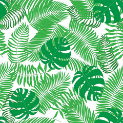 Seamless pattern with hand-drawn tropical leaves.