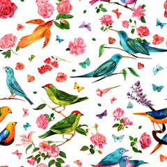 Seamless pattern with watercolor birds, flowers and butterflies