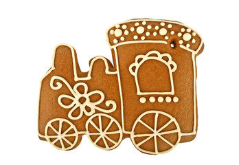 Gingerbread cookie in shape of train isolated on white backgroun