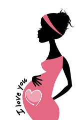 Silhouette of pregnant woman with heart and I love you text