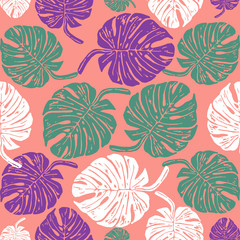 Linocut tropical Monstera leave background