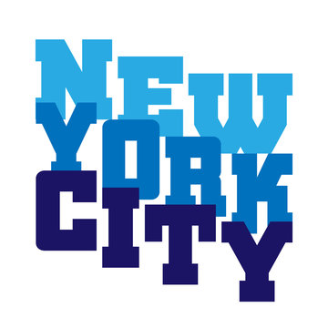 T shirt typography graphics New York. Athletic style NYC. Fashion american stylish print for sports wear. Blue on white emblem. Template for apparel, card, poster. Symbol big city. Vector illustration