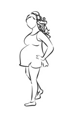 Isolated pregnant woman on white background. White silhouette of woman in green dress is awaiting for baby. Happy maternity.