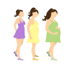 Motherhood and pregnancy concept. Colorful silhouettes of women. Pregnant woman and woman with baby.