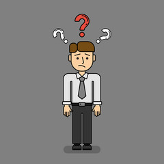 Isolated confused businessman on grey background. Funny cartoon thinking man with question marks.