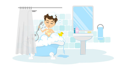 Man takes shower. Happy smiling cartoon man in the tube with foam, bubbles and yellow duck.