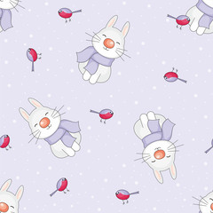Christmas seamless pattern with the image of funny rabbits and snowflakes in cartoon style