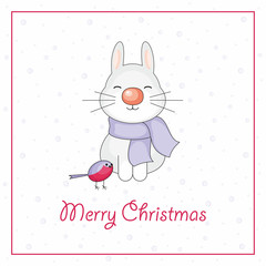 Merry Christmas greeting card with the image of funny rabbit and snowflakes in cartoon style