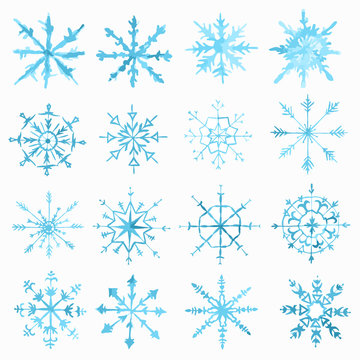 Watercolor snowflackes set on white background. Symbol of winter. Beautiful decoration.