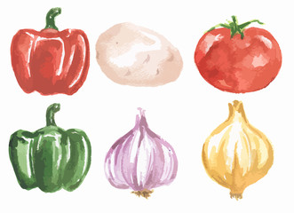Watercolor vegetables set on white background. Healthy and fresh vegetables for salad, sandwiches or pizza.