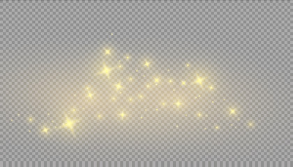 White sparks and golden stars glitter special light effect. Vector sparkles on transparent background.