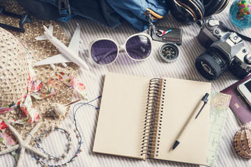 Overhead view of Traveler's accessories and items, Travel concep