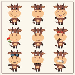 Vector set isolated emotion cow. Collection cute cow in cartoon style.