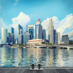 Fototapeta na wymiar central Singapore skyline. Financial towers and Esplanade drive bridge