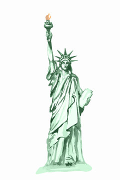 Isolated watercolor statue of liberty on white background. Symbol of New York, USA. Beautiful landmark.
