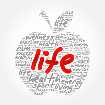 LIFE apple word cloud collage, health concept background