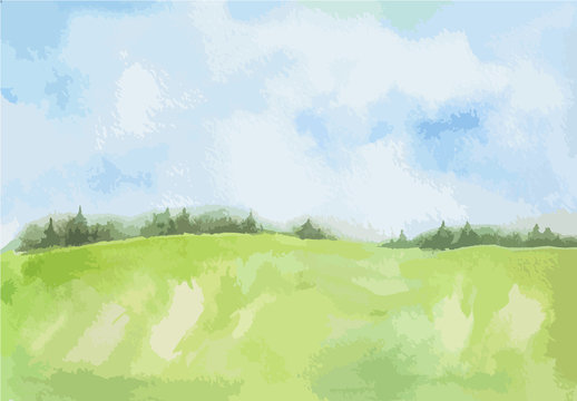 Watercolor rural landscape. Beautiful green field and blue sky. Summer village or farm.